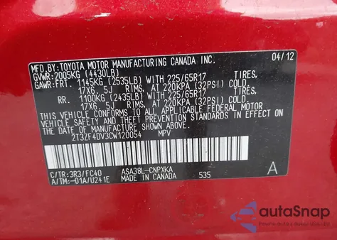 2012 Toyota Rav4 z USA, uszkodzony, nr VIN 2T3ZF4DV3CW120054